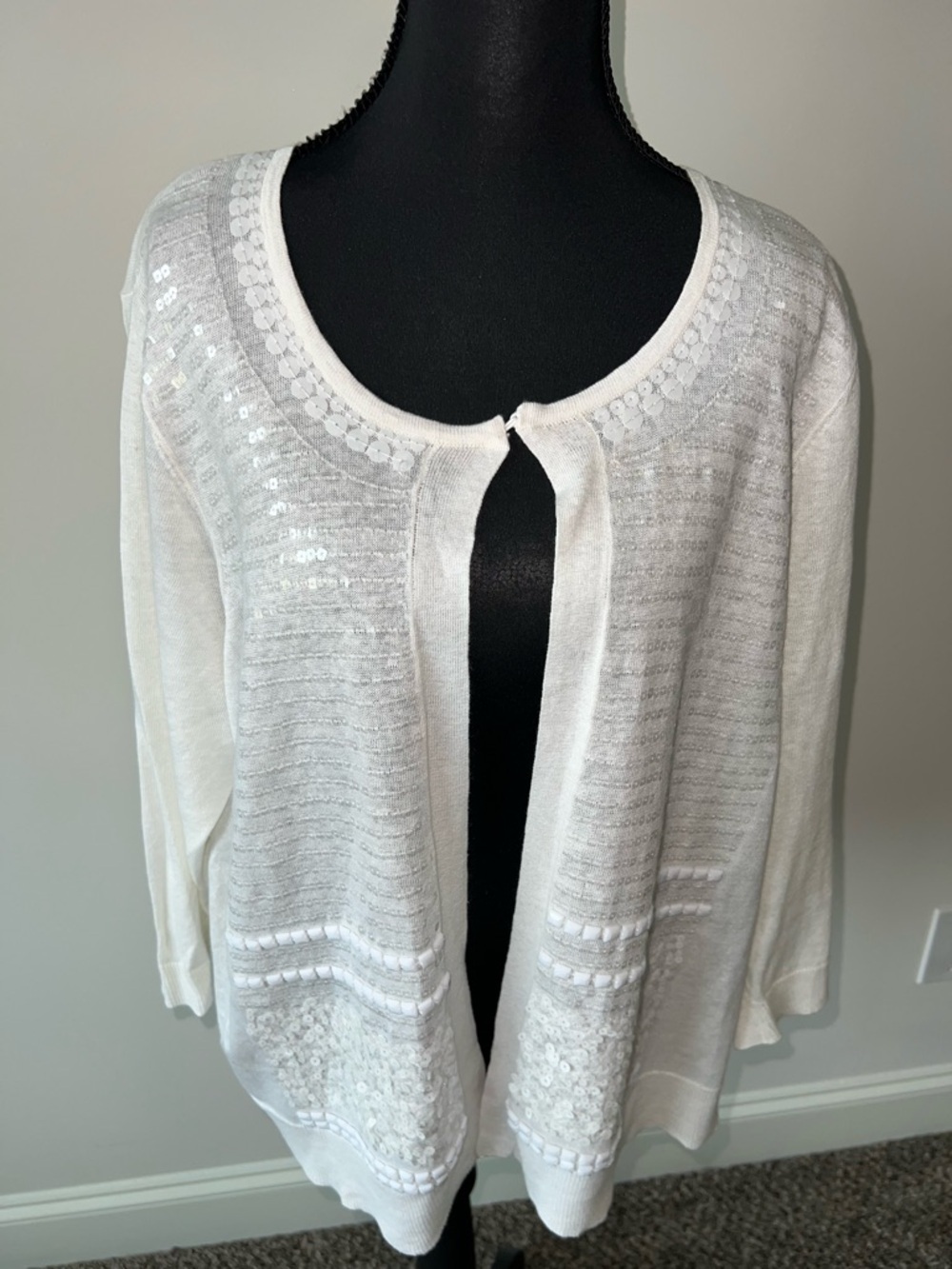 Chicos White Linen Blend Cardigan 3/4 Sleeve Sequin Embellishment - Size 3